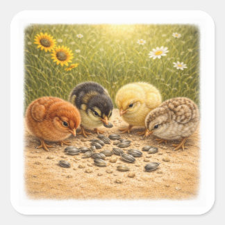 Baby Chicks Eating Sunflower Seeds – Cozy Farm Ill Vierkante Sticker