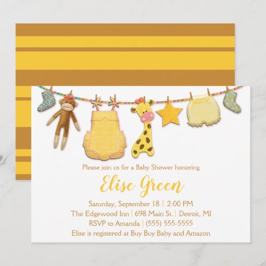 Baby Clothesline Shower-uitnodiging Kaart (Voorkant / Achterkant)