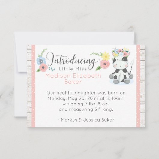 Baby Cow Rustic Floral Baby Faire-part de naissanc (Devant)