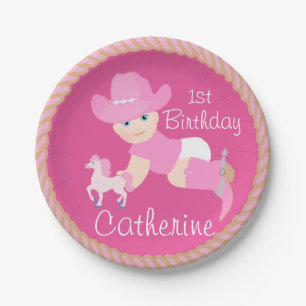 Baby Cowgirl met roze Pet en Boots Birthday Papieren Bordje