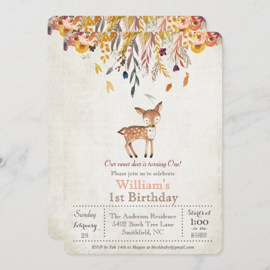 Baby Deer Automne 1er Anniversaire Invitation (Devant / Derrière)