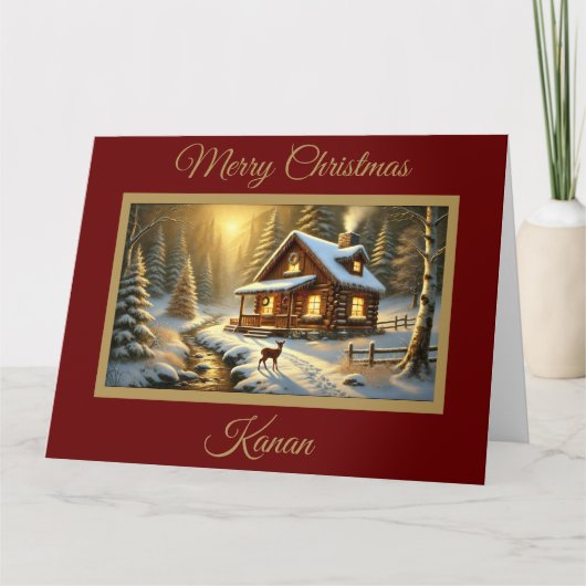 Baby Deer bij Forest Cabin Christmas Kaart (Voorkant)