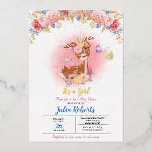 Baby Deer Pink Floral Woodland Girl Baby shower Folie Uitnodiging