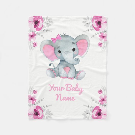 Baby Deken Meisje Olifant Naam Custom Gift Idee (Voorkant)