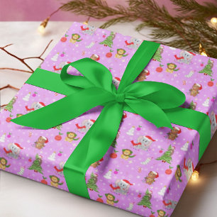 Baby Dieren in de Dierentuin vieren Kerstmis Roze Cadeaupapier