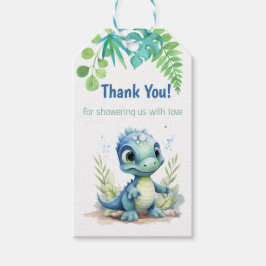 Baby Dinosaurus Baby shower Groen en Blauw Dank U Cadeaulabel