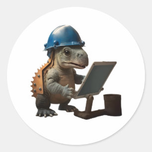 baby dinosaurus industrieel ingenieur met tablet ronde sticker