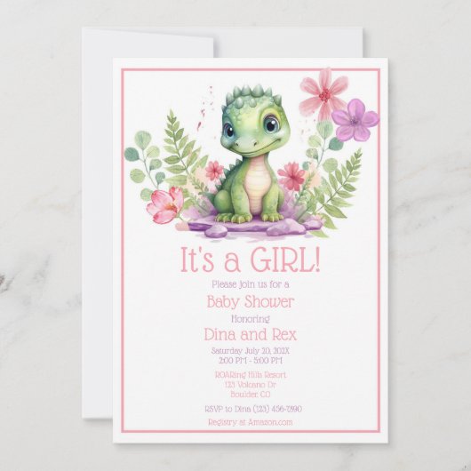 Baby Dinosaurus Meisje Bloemen Kaart (Voorkant)