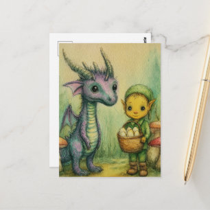 Baby Draak en Elf met Eieren Briefkaart