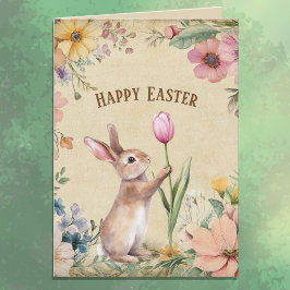 Baby Easter Bunny with Pink Tulip Vintage Floral Kaart