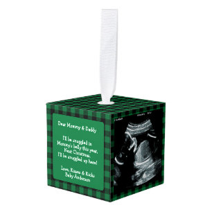 Baby Echografie Nieuwe Ouders Green Plaid Kerstmis Kubus Ornament