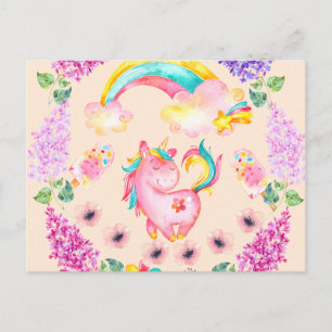 Baby eenhoorn die in haar tuin speelt briefkaart