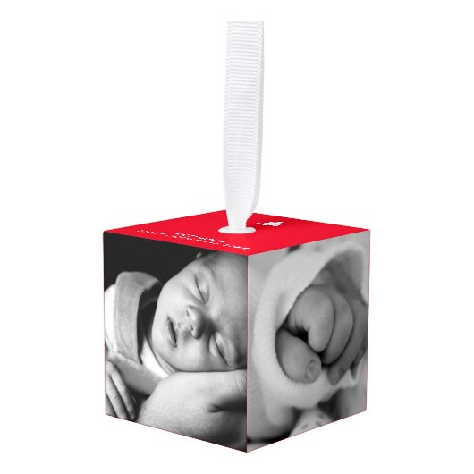 Baby Eerste Kerst 5 Foto's Rode Naam Verjaardag Kubus Ornament (Voorkant hoekig)