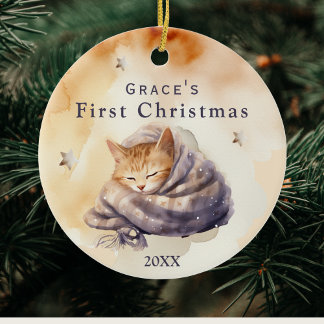 Baby Eerste Kerst Aangepaste Naam Kat Kat Foto Keramisch Ornament