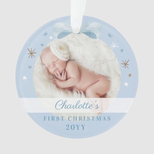 Baby Eerste Kerst Blauwe Bow & Stars Ornament (voorkant)