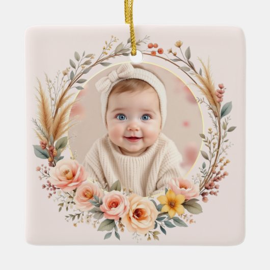 Baby Eerste Kerst Pampas Grass Wildflower Boho Keramisch Ornament (Voorkant)