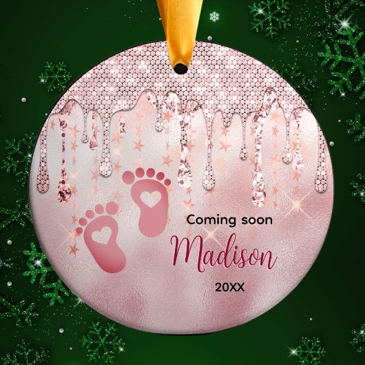 Baby eerste Kerst roos blush glitter druppels Keramisch Ornament