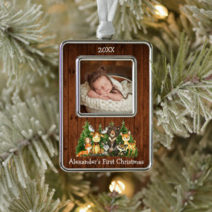 Baby eerste kerstbos Dieren Foto Rustic Verzilverd Kader Ornament
