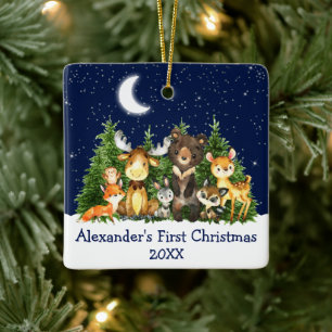 Baby Eerste Kerstbosdieren Blauw Keramisch Ornament