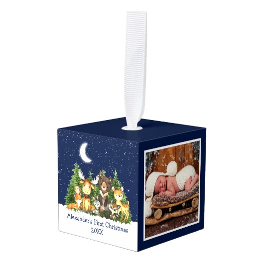 Baby eerste kerstbosdieren Blauwe foto Kubus Ornament (Voorkant hoekig)