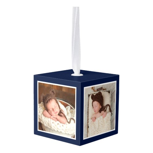 Baby eerste kerstbosdieren Blauwe foto Kubus Ornament (Achter hoekig)