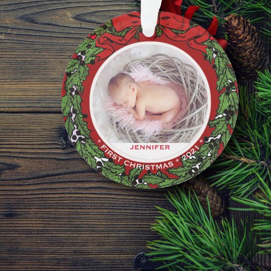 Baby eerste kerstfoto holly wiet ornament