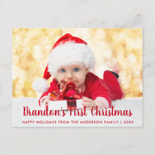 Baby eerste kerstfoto met rood script briefkaart