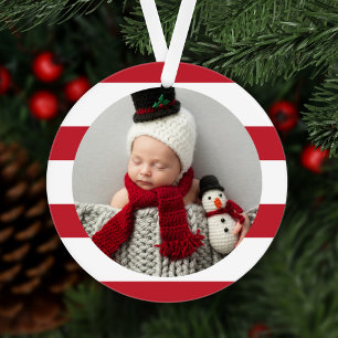 Baby eerste kerstfoto Modern Red Stripes Ornament