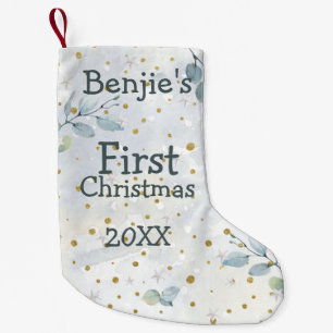 Baby Eerste Kerstfoto Naam Datum Blauw Blad Kleine Kerstsok