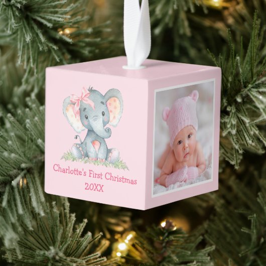 Baby eerste kerstfoto Waterverf Elephant Bow Kubus Ornament (Boom)