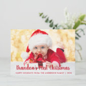 Baby eerste kerstkaart met rood script kaart (Staand voorkant)