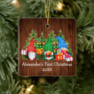 Baby Eerste kerstlampjes Gnomes Rustic Square Keramisch Ornament