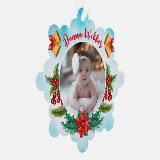 Baby Eerste Kerstmis Blauwe Waterverf Ornament Kaart (Rechts)