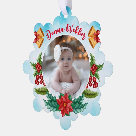 Baby Eerste Kerstmis Blauwe Waterverf Ornament Kaart (Links)
