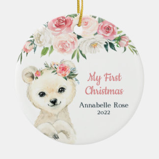 Baby eerste kerstmis Blush Roos Beer Keramisch Ornament