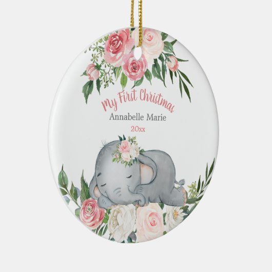 Baby Eerste Kerstmis Blush Roos Elephant Keramisch Ornament (Rechts)