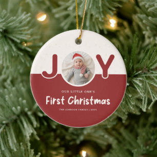 Baby Eerste Kerstmis Foto Aandenken in Joy Rood Keramisch Ornament