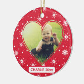 Baby Eerste Kerstmis Foto Rode Sneeuwvlok Keramisch Ornament (Links)