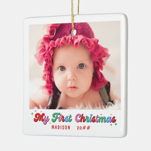 Baby Eerste Kerstmis Fotonaam en Jaar Classic Keramisch Ornament (Links)