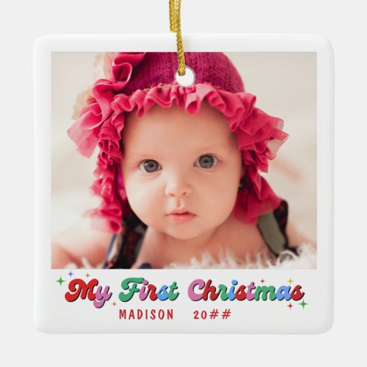 Baby Eerste Kerstmis Fotonaam en Jaar Classic Keramisch Ornament (Voorkant)