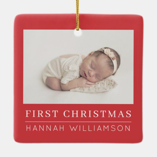 Baby Eerste Kerstmis Moderne Minimale Foto Keramisch Ornament (Achterkant)