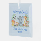 Baby Eerste Kerstmis Safari Animals Blue Glas Ornament (Voorkant links)