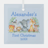 Baby Eerste Kerstmis Safari Animals Blue Glas Ornament (Voorkant)