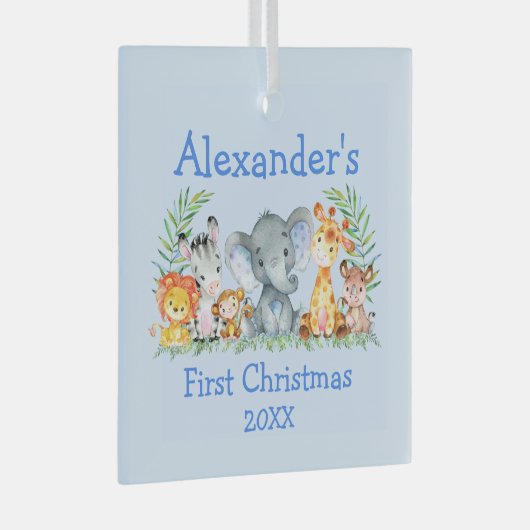 Baby Eerste Kerstmis Safari Animals Blue Glas Ornament (Voorkant Rechts)