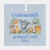Baby Eerste Kerstmis Safari Animals Blue Glas Ornament (Achterkant)