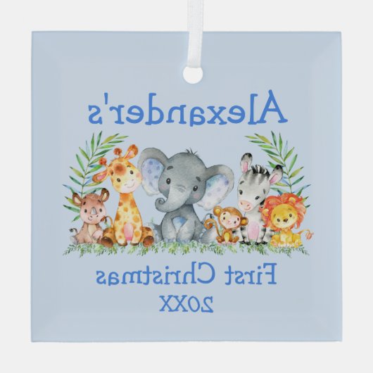Baby Eerste Kerstmis Safari Animals Blue Glas Ornament (Achterkant)