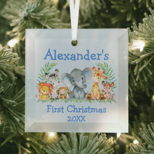 Baby Eerste Kerstmis Safari Animals Blue Glas Ornament