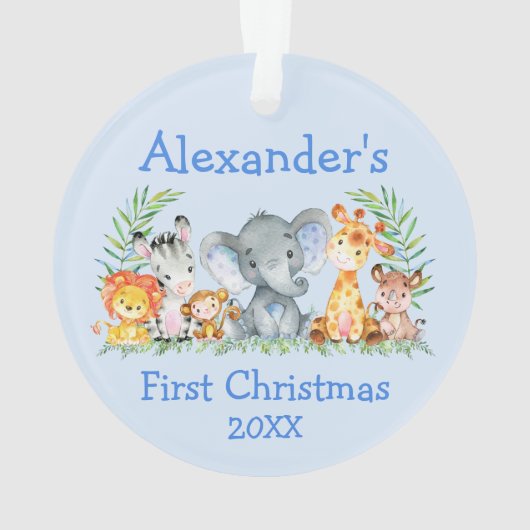 Baby Eerste Kerstmis Safari Animals Blue Ornament (achterkant)
