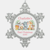 Baby Eerste Kerstmis Safari Dieren Roze Tin Sneeuwvlok Ornament (Voorkant)