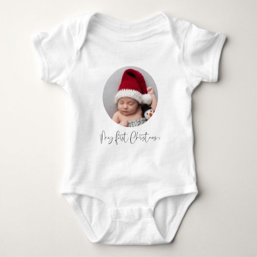 Baby Eerste Kerstmis Script Aangepaste Circulaire  Romper (Voorkant)